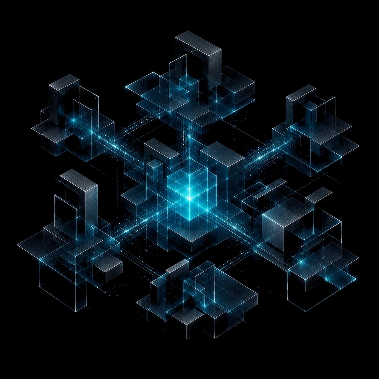 Abstract connected ecosystem of architectural nodes surrounding a glowing central hub