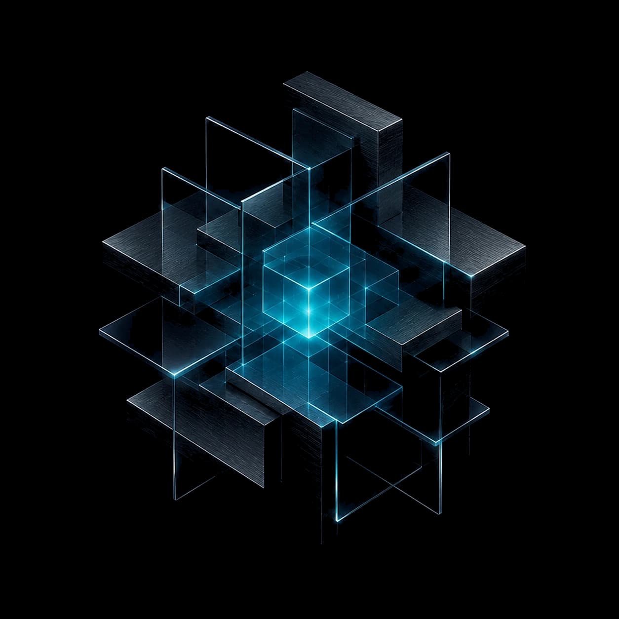 Abstract architectural core of glass and metal surrounding a glowing cyan center